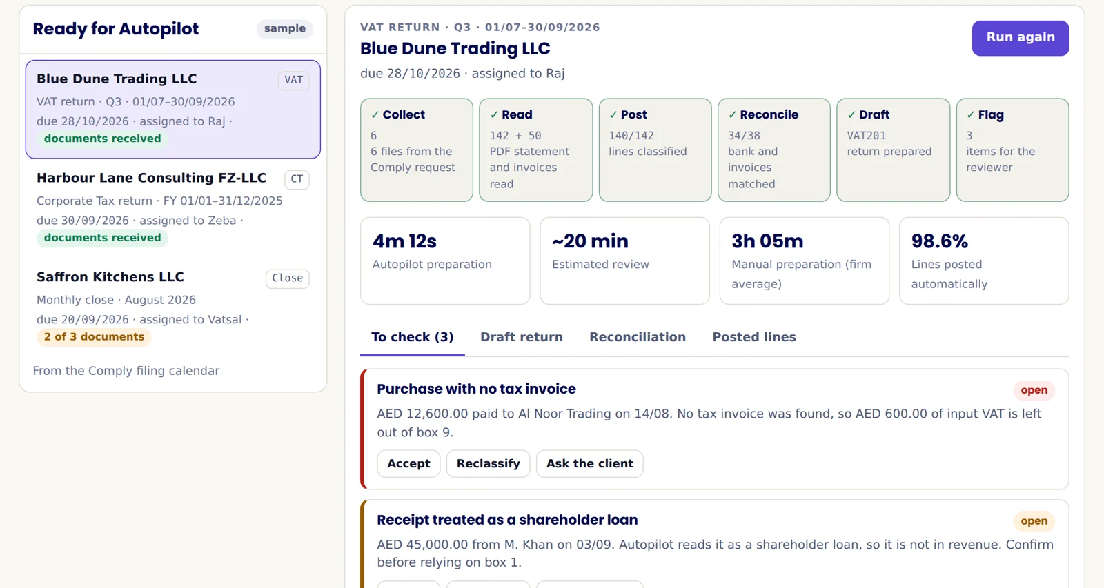 مهمة إقرار ضريبة القيمة المضافة في KPO Autopilot: جمع وقراءة وترحيل ومطابقة وإعداد وتنبيه